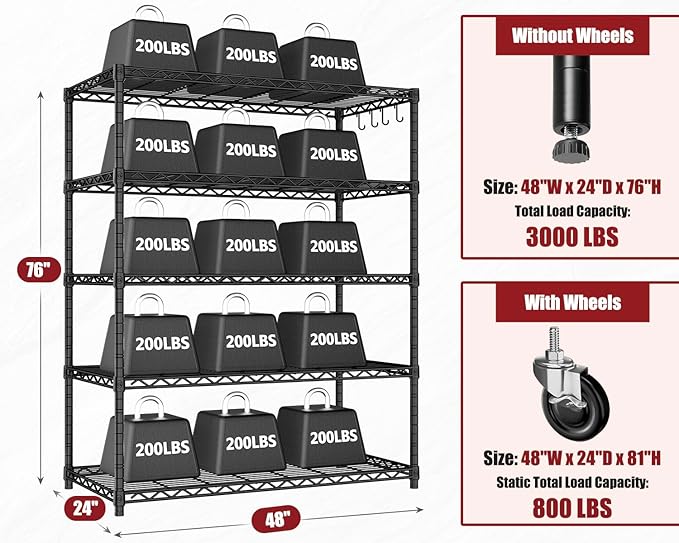 PrimeZone 4 Packs 48" W x 24" D x 81" H Heavy Duty Wire Storage Shelves with Wheels, 5 Tier Adjustable NSF Certified Garage Shelving Unit, Rolling Metal Organizer Shelf Rack for Warehouse, Pantry