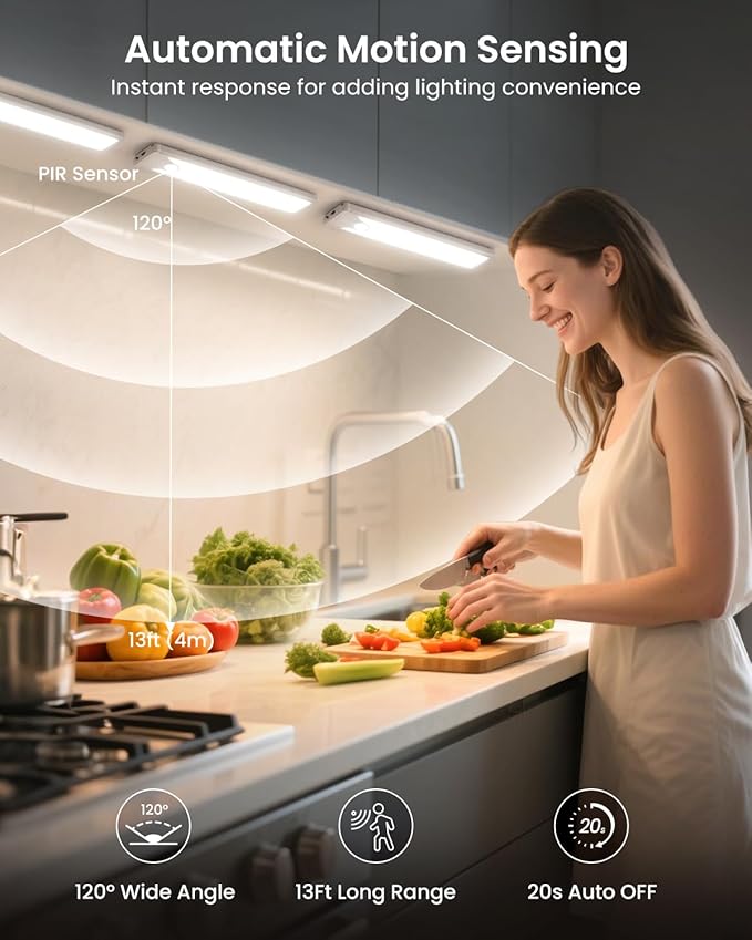 Pak 8 Inch Under Counter Cabinet Lighting, 41 LED Battery Operated Motion Sensor Light, Dimmable Closet Lights, USB Rechargeable, Wireless Magnetic Under Counter Light for Kitchen, Bathroom, 2 Packs