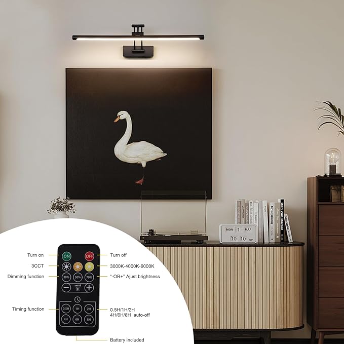 LED Battery Operated Picture Lights with Remote Wireless Art Lighting for Wall 23.6 Inch Rechargeable Painting Light Black Frame Lights Dimmable 3CCT Gallery Light for Library Portrait
