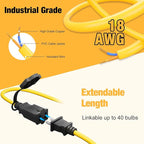50FT Construction String Lights with Protective Cage, IP65 Waterproof LED String Work Lights, 5000K Daylight 18AWG Wire Linkable Temporary Construction Lighting for Jobsite with 5 Bulbs & Hooks