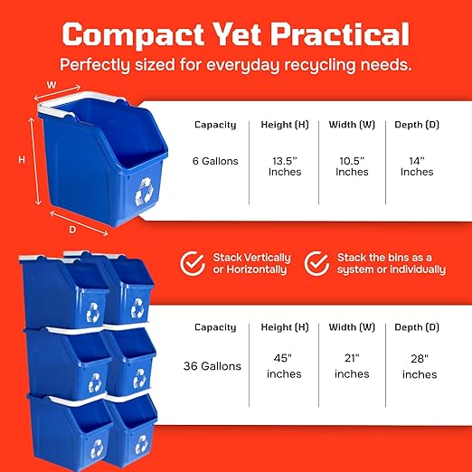 Multi Bin Recycling System with Six Stackable 6 Gallon Recycle Bins to Build Your Recycling Center for Offices, Kitchen, Garages, Businesses - (Red, 6 Pack)