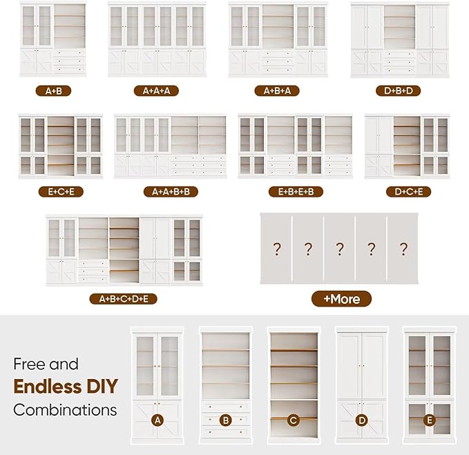Vyre 70.8" Tall White Bookshelf with Glass Doors, Farmhouse Modular Bookcase with 6-Tier Adjustable Shelves, Large Storage Cabinet for Home Office, Living Room, Set of 4