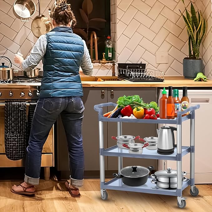 Service Cart 3 Shelf, Plastic Heavy Duty 3-Tier Utility Cart with Wheels, Rolling Utility/Push Cart for Foodservice/Commercial/Restaurant/Office/Warehouse/Kitchen/Hotel