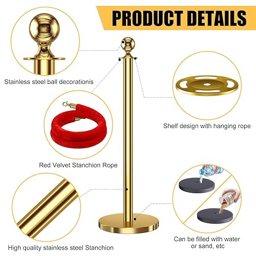 kaiyomi 8Pcs Stanchions with Red Velvet Ropes Set, 5 Feet Velvet Ropes and Posts Poles for Red Carpet Party Decoration and 360° Photo Booth (Golden)
