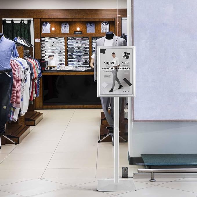 Heavy Duty Adjustable Pedestal Poster Sign Stand, 11x17 Aluminum Open Floor Standing Sign Holder for Vertical and Horizontal View Display, Silver