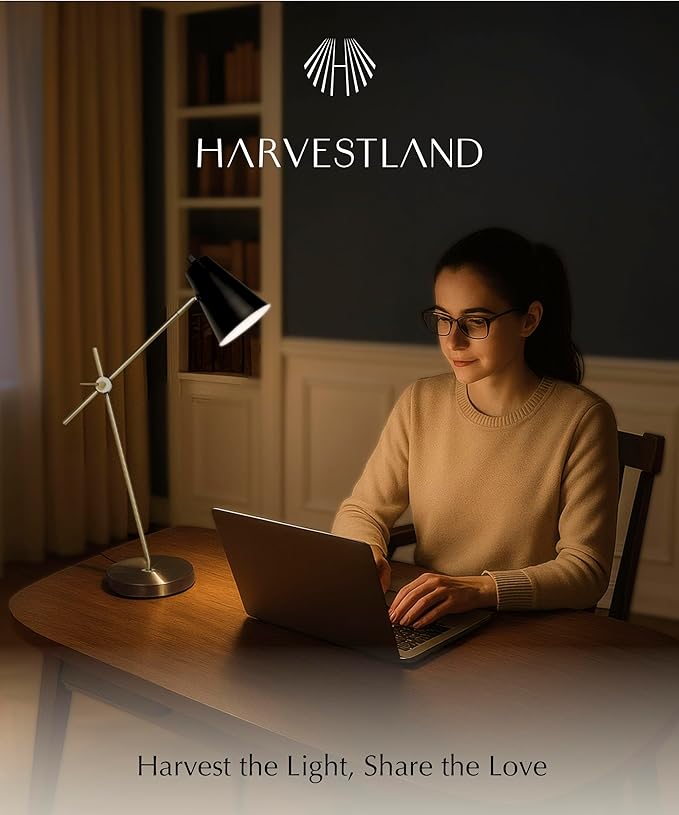 HarvestLand HaloBar Brass Desk Lamp Home Office – Black Industrial Table Lamp with Solid Base for Office, Reading Lamps for Bedside Table, Study and Reading Task Lamp, Christmas Gifts for Men