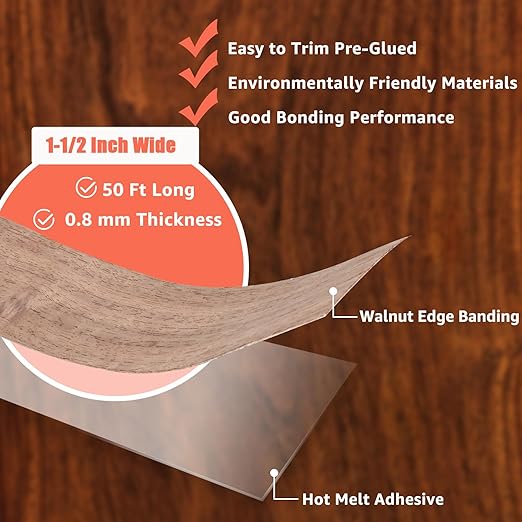 1-1/2 Inch x 50ft Roll of Walnut Wood Veneer Edge Banding, Veneer Edge Banding, Pre-glued Flexible Veneer Edging, Real Wood Tape Banding for Cabinet Repair Furniture Restoration