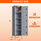 Aobabo 16" W 5 Door Metal Storage Locker with Lock, 66" H Steel Locker with Name Card Holder and Metal Leg for School, Home, Office, Playroom, Assembly Required, Dark Grey