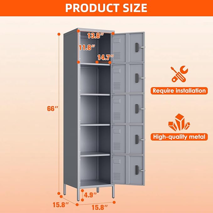 Aobabo 16" W 5 Door Metal Storage Locker with Lock, 66" H Steel Locker with Name Card Holder and Metal Leg for School, Home, Office, Playroom, Assembly Required, Dark Grey