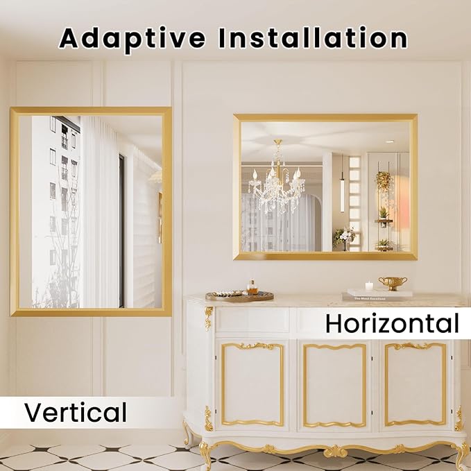 Amorho Bathroom Mirror, 48x36 Inch Golden Thick Metal Framed Wall Mirrors for Over Sink, Wall-Mounted Mirrors Perfect for Bedroom, Living Room, Entryway, Rectangle (Horizontal/Vertical).