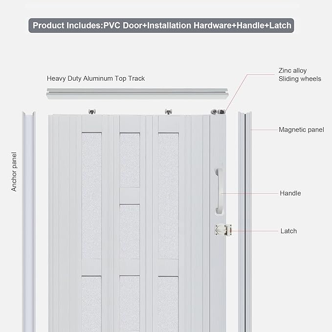 72X79in Frosted Acrylic Glass PVC Accordion Folding Door for Closet,Multifold Interior Door with Installation Hardware,Includes Handle and Latch,White Beech
