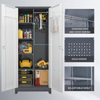 LUCYPAL Broom Storage Cabinet with Locking Doors and Shelves,Broom Closet Storage Cabinet with Hanging Rod and Hooks,Metal Garage Cabinets for Kitchen,Bathroom,Office 72.8" H White&Grey
