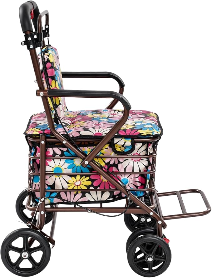 Shopping Cart, 220lbs Foldable Shopping Cart, Utility Cart with Seat & 360° Wheels, for Groceries, Laundry, Camping (Flower)