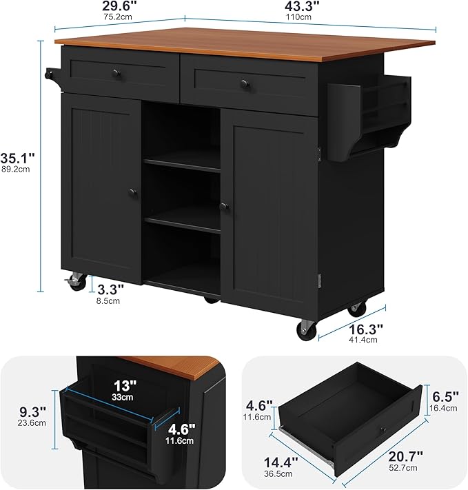 Kitchen Island On Wheels, Rolling Kitchen Island Cart with Drop Leaf and 2 Drawers, Mobile Kitchen Table Storage Cabinet with Tower Rack and Spice Rack for Dining Room, Kitchen, Black