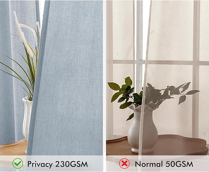 MIULEE Non-See-Through Privacy Linen Curtains 2 Panels, Chambray Blue Light Filtering Window Curtains Farn House Textured Back Tab Semi Sheer Drapes for Bedroom Living Room 96 Inches Long Light Blue