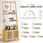Bookcase with Drawers, 4-Tier Bamboo Bookshelf Ladder Shelf with 6 Hooks, Tall Narrow Book Shelf, 24.8"L x 10.6"W x 59.5"H, Standing Storage Organizer for Living Room, Home Office, Bedroom, Bathroom