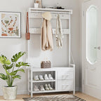 Lulive Hall Tree, 31.5” Entryway Bench with Coat Rack freestanding, 5 in 1 Intelligent Design Shoe Bench and Wall Rack 17 Hooks and Drawers (White)