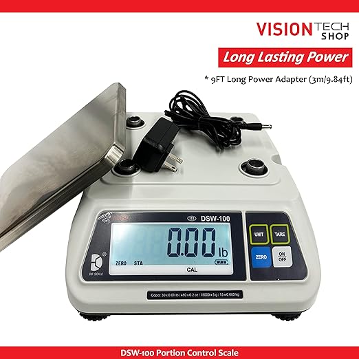 VisionTechShop DSW-100 Portion Food Scale with Single LCD Display, Stainless Steel Platter, 60lb Capacity, 0.02lb Readability, Lb/Oz/Kg/g Switchable, NTEP COC #22-007, NSF Certified