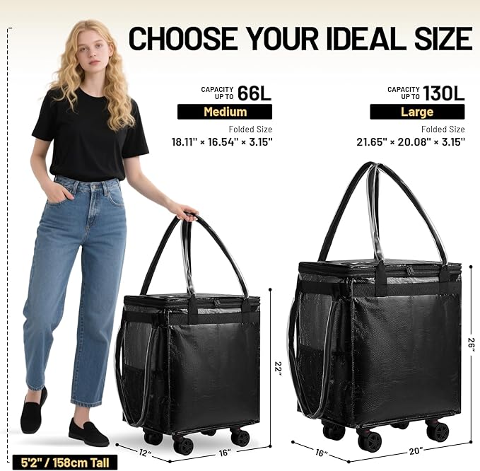 (Medium) Fanwoli Reusable Grocery Bag on Wheels with Upgraded Wrinkle-Resistant Fabric | Enhanced Stability Wheels & Extended Handle | Foldable Shopping Trolley for Laundry, Carries Up to 66 L
