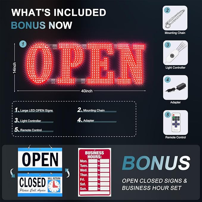 40" x 14" Large LED Open Signs with Remote Control 14 Modes Dimmable Open Sign for Business Window Stores Retail and Restaurant Red