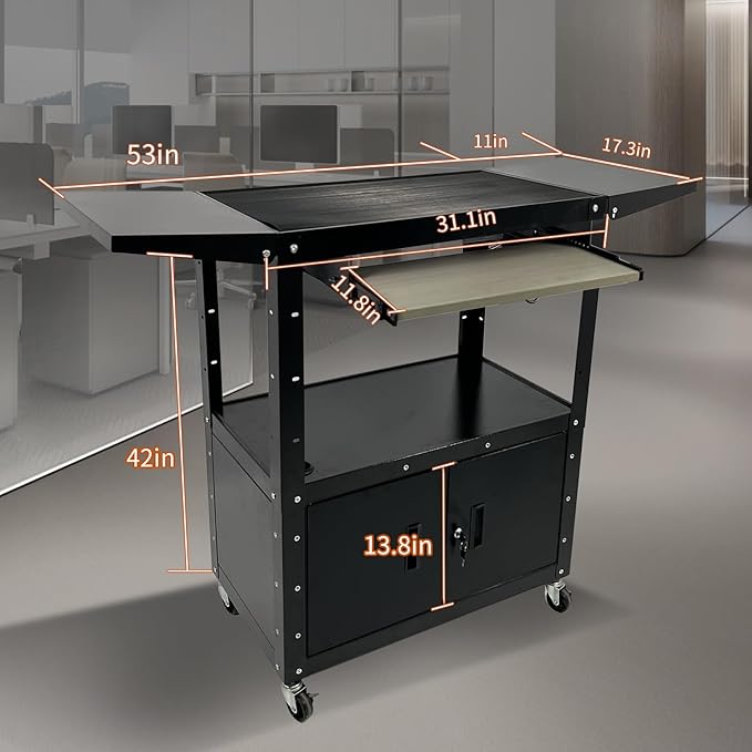 Large Steel AV Cart With Locking Cabinet and Pullout Keyboard Tray, Adjustable-Height Rolling Media Cart With Wheels & Power (54"x18"x43")