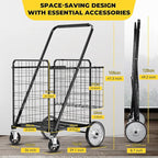 5.7 Cu Ft Folding Shopping Cart - 600 LB Capacity Grocery Cart with 360° Braked Swivel Wheels - Heavy Duty Utility Cart with Double Basket & Removable Waterproof Liner with Lid for Laundry