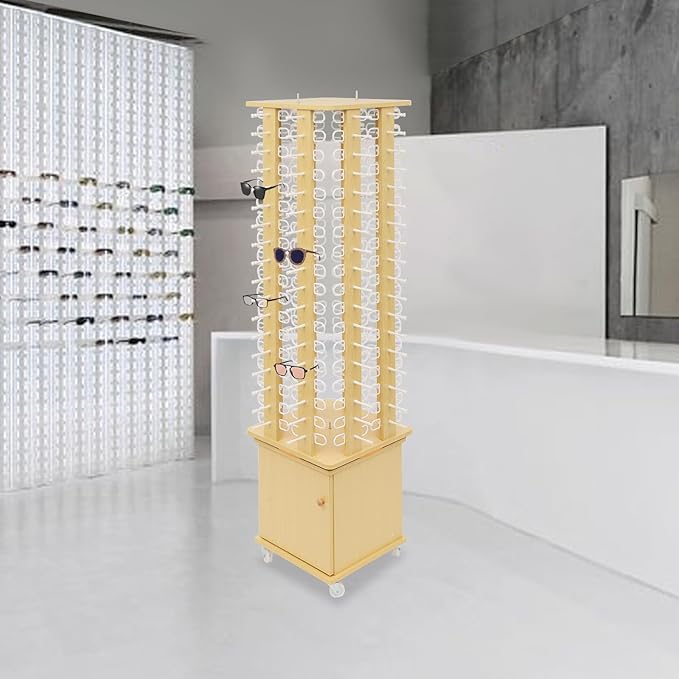 Sunglasses Display Stand, 144 Pairs Wooden 360° Rotating Sunglass Eyeglass Holder Organizer, Glasses Hanger Storage Rack for Retail Commercial Display, W14.6*H66.1in (Wood Color)