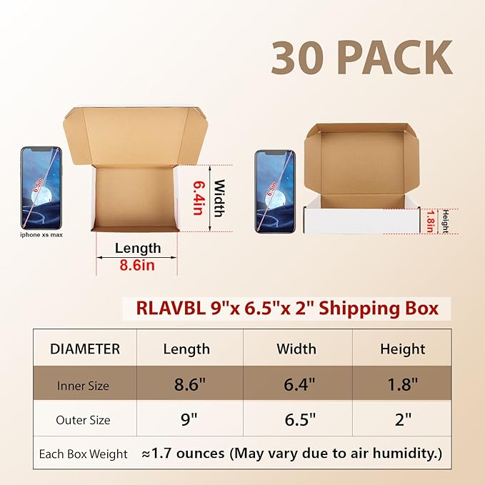 RLAVBL 9x6.5x2 Inches Shipping Boxes Set of 30, White Small Corrugated Cardboard Box, Mailer Boxes for Packing Small Business