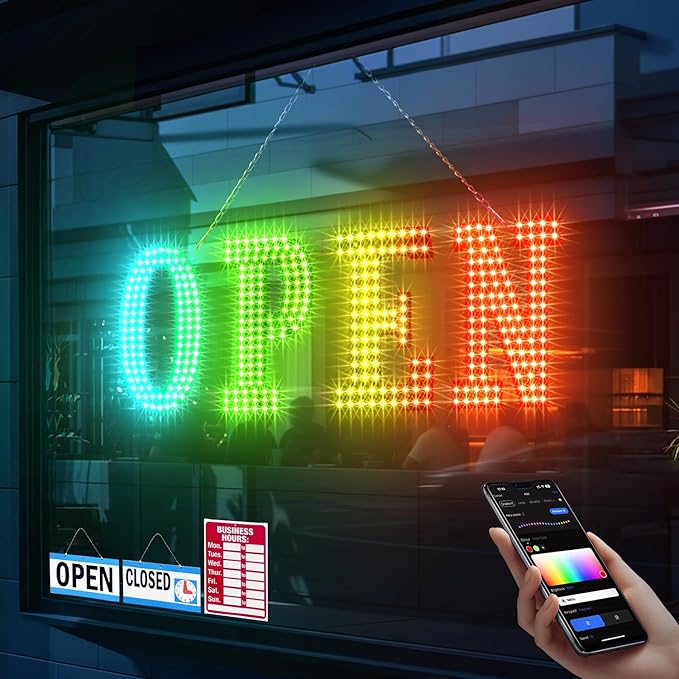 48"x16" Large LED Open Signs for Business with Smart APP & Remote Control, Adjust Brightness/Color/Timer Function, Ultra Bright Open Sign for Window Storefront Bar Restaurant (Multicolor)