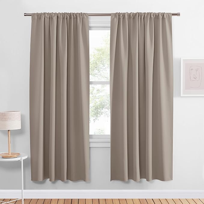 PONY DANCE Taupe Blackout Curtains for Bedroom 72 inches Long, Rod Pocket Thermal Insulated Noise Reducing Room Darkening Window Drapes for Living Room, W 42 x L 72 Inch, 2 Panels, Light Taupe