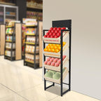 4 Tiers Retail Display Rack, Single Row Wood Market Shelf Commercial Fruit and Vegetable Basket Stand Rack Set Snack Pantry Shelf Unit for Kitchen, Office, Store, Supermarket
