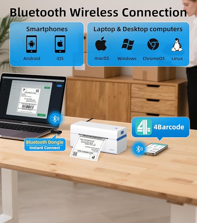 ORGSTA Bluetooth Thermal Shipping Label Printer 4x6, Wireless & USB Label Printer for Small Business, Compatible with Android, iPhone, Windows, USPS, Amazon, Etsy, Shopify - T001-Plus