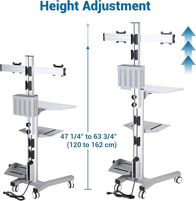 Yescom Mobile Computer Cart Rolling PC Stand Desk Workstation Dual Monitor Mount with Wheels Adjustable Keyboard Tray CPU Printer Holder for Hospital Clinic School Office Silver