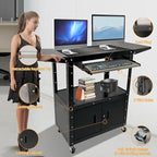 Large Steel AV Cart With Locking Cabinet and Pullout Keyboard Tray, Adjustable-Height Rolling Media Cart With Wheels & Power (54"x18"x43")