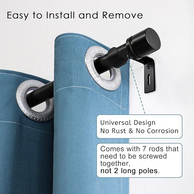 Curtain Rods for Windows 16 to 120 Inches Adjustable Length 1 Inch Diameter Window Curtain Rod with Aluminium Finials, Black