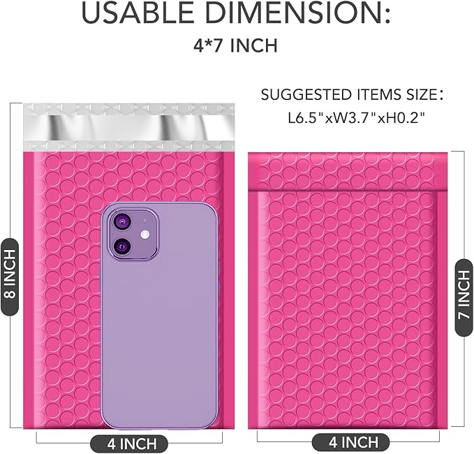 GSSUSA Pink Bubble Mailers 4x8 Small Padded Envelopes, 800 Pack, Strong Adhesion Self-Seal Bubble Envelopes for Small Business