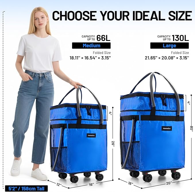(Large) Fanwoli Reusable Grocery Bag on Wheels with Upgraded Wrinkle-Resistant Fabric | Enhanced Stability Wheels & Extended Handle | Foldable Shopping Trolley for Laundry, Carries Up to 130 L