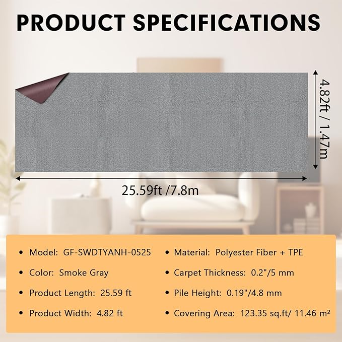 Marine Carpet,5 FT x 25 FT Smoke Gray Indoor Outdoor Carpet 0.2" Thick Boat Carpet with Water-Proof TPE Backing, Non-Slide Outdoor Marine Carpet Roll for Home, Patio, Porch, Deck