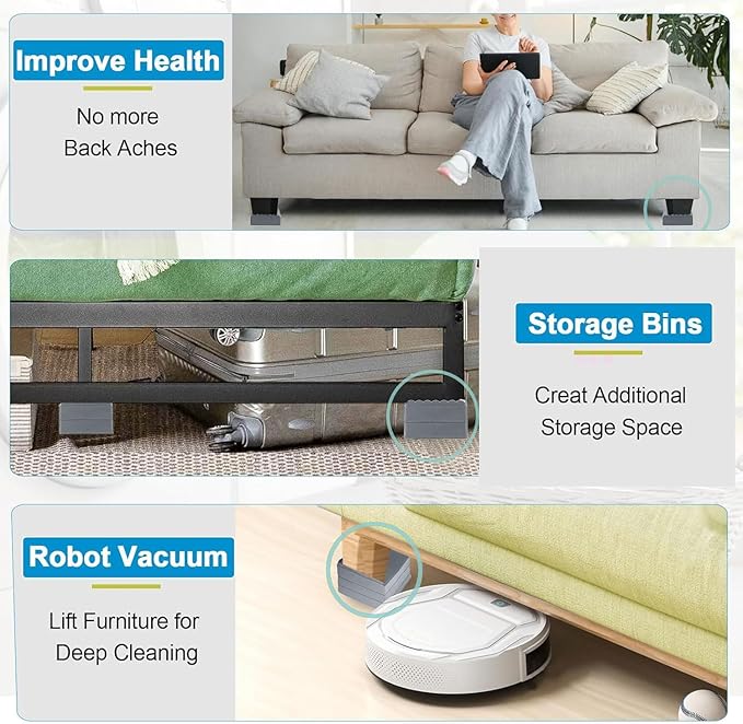 Bed Risers 1 inch, 2 inch, 3 inch, 4 inch Heavy Duty, Adjustable Furniture Riser for Table Desk Couch Sofa Chair Recliner Leg Frame Dorm, Stackable Bed Raisers Blocks (Grey 4 Pack, 1+1 inch)