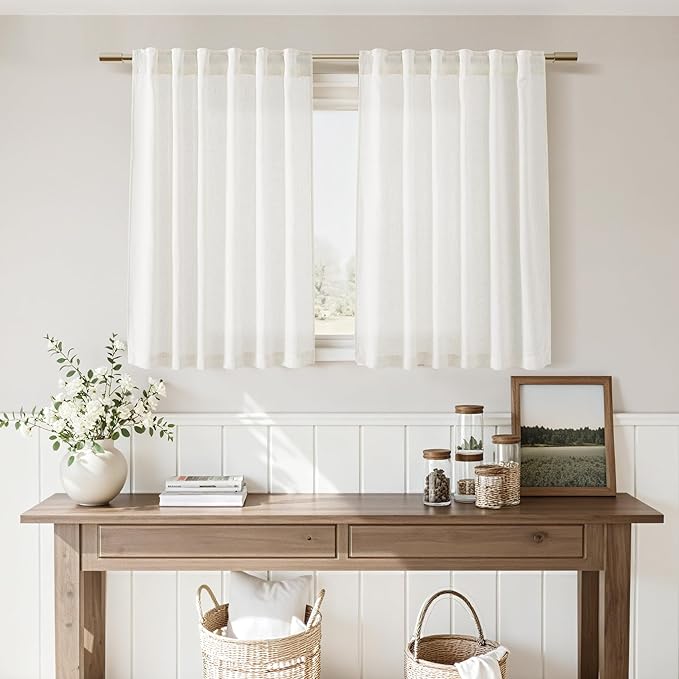 Nanspring 24 Inch Linen Curtains for Kitchen Beige White Small Window Semi Sheer Curtains Back Tab and Rod Pocket Light Filtering Drapes for Basement Short Cafe Curtain 30 x 24 Inch, 2 Panels