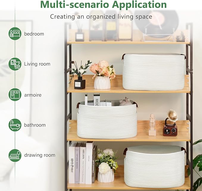 Cotton Rope Basket, Storage Baskets with Handle, 15x10x9 Inch Woven Basket for Shelves, Laundry, Towels, Clothes, Books (White 3Pack)