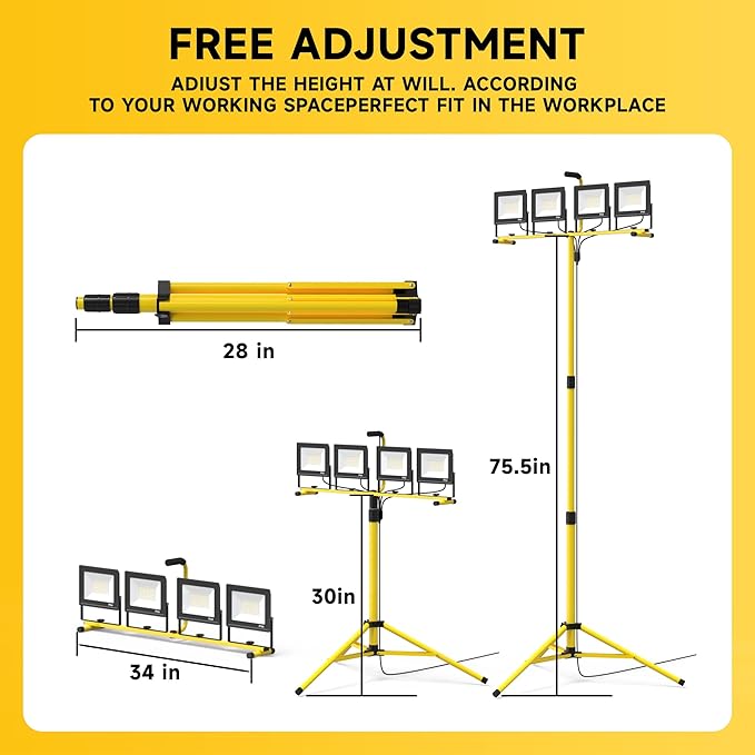 TOPRATED 2 Pack Led Work Light with Stand,28000 Lumen 110V 4 Adjustable Head Outdoor Flood Lights,Foldable Mechanic Light with 16.5Ft Power Cord,Portable Waterproof Tripod with Lamp for Workbench