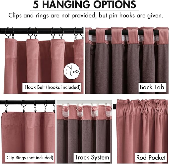 MIULEE Velvet Curtains 96 Inch Long 2 Panels Set for Bedroom, Pinch Pleat Back Tab Thermal Insulated Pink Living Room Darkening Drapes Pleated Blackout Floor to Ceiling Curtains with Hooks Dusty Rose