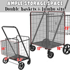 Foldable Shopping Cart with Waterproof Bag, 360° Swivel Wheels & Double Basket, 300lbs Capacity for Groceries, Heavy Duty Utility Grocery Carts for Shopping, Laundry, Camping, Luggage