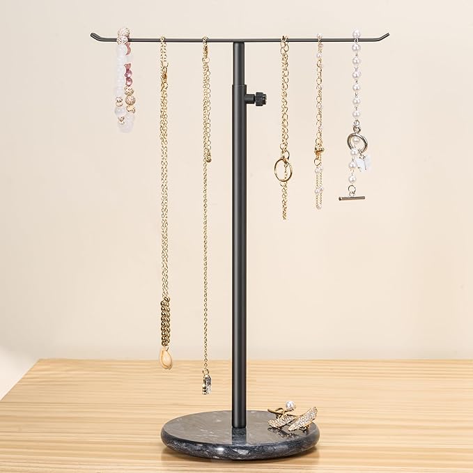 Black Necklace Holder Jewelry Organizer Stand – Adjustable Height T‑Bar Jewelry Display with Dark Gray Marble Base, Necklace & Bracelet Holder, Countertop Jewelry Rack