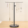 Black Necklace Holder Jewelry Organizer Stand – Adjustable Height T‑Bar Jewelry Display with Dark Gray Marble Base, Necklace & Bracelet Holder, Countertop Jewelry Rack