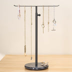 Black Necklace Holder Jewelry Organizer Stand – Adjustable Height T‑Bar Jewelry Display with Dark Gray Marble Base, Necklace & Bracelet Holder, Countertop Jewelry Rack