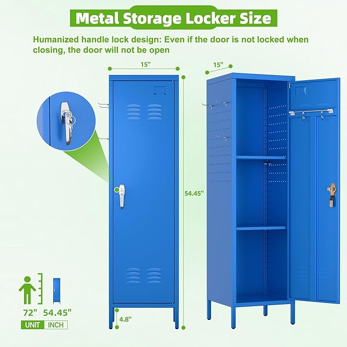 Aobabo Metal Locker, 54" H Metal Storage Locker for Employees, Lockable 1 Door with Towel Rack and 2 Side Pegboards with Hooks for School Office Gym Bedroom, Blue, Assembly Required