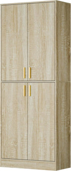Cozy Castle Kitchen Pantry Cabinet, 71" Tall Wood Storage Cabinet with Doors and Shelves 4 Doors Freestanding Cupboard for Dining Room Living Room Bathroom Furniture, Whitewashed Oak