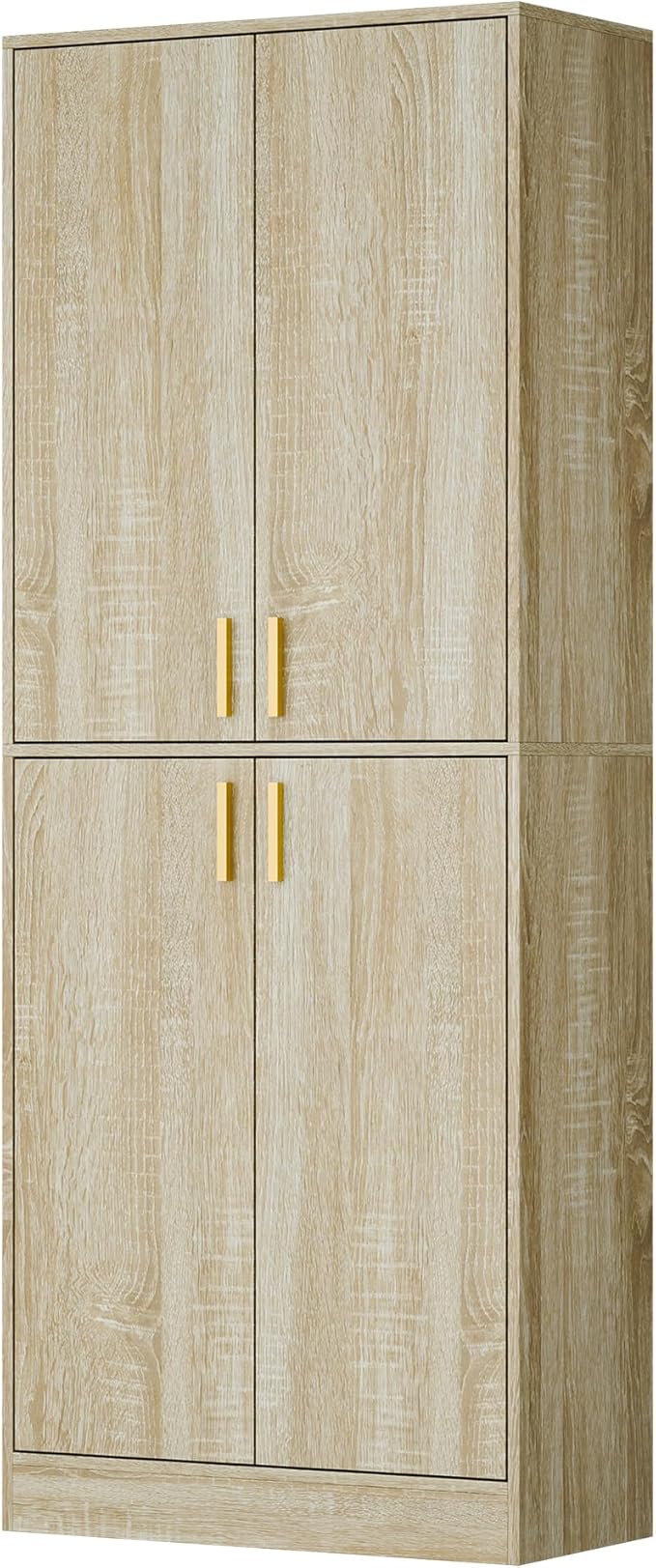 Cozy Castle Kitchen Pantry Cabinet, 71" Tall Wood Storage Cabinet with Doors and Shelves 4 Doors Freestanding Cupboard for Dining Room Living Room Bathroom Furniture, Whitewashed Oak